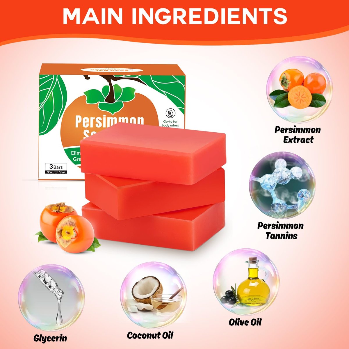 Runsidan 3-Pack Persimmon Soap Bar for Body Odor Control - Natural Deodorizing Soap for Old People Smell, Deep Cleansing Body Bar - görsel 7