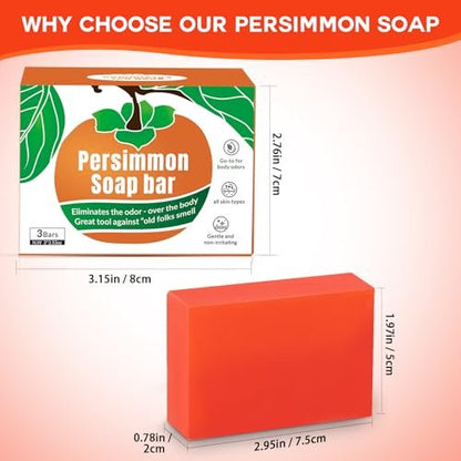 Runsidan 3-Pack Persimmon Soap Bar for Body Odor Control - Natural Deodorizing Soap for Old People Smell, Deep Cleansing Body Bar