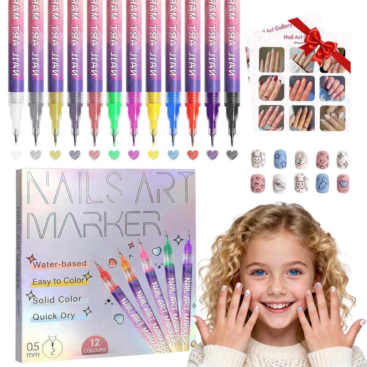 Dabria 12-Color Nail Art Pens Set - Fine Tip 0.5mm Nail Doodle Markers for Nail Painting, Perfect for Girls, Kids, and Women Avelisse