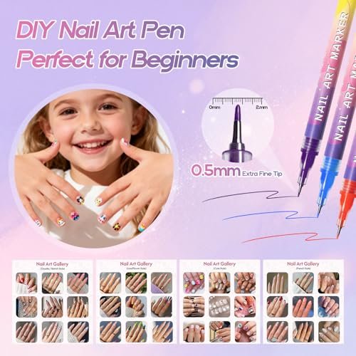 Dabria 12-Color Nail Art Pens Set - Fine Tip 0.5mm Nail Doodle Markers for Nail Painting, Perfect for Girls, Kids, and Women Avelisse