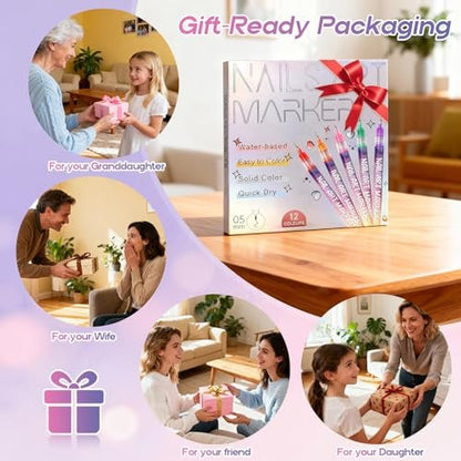 Dabria 12-Color Nail Art Pens Set - Fine Tip 0.5mm Nail Doodle Markers for Nail Painting, Perfect for Girls, Kids, and Women Avelisse