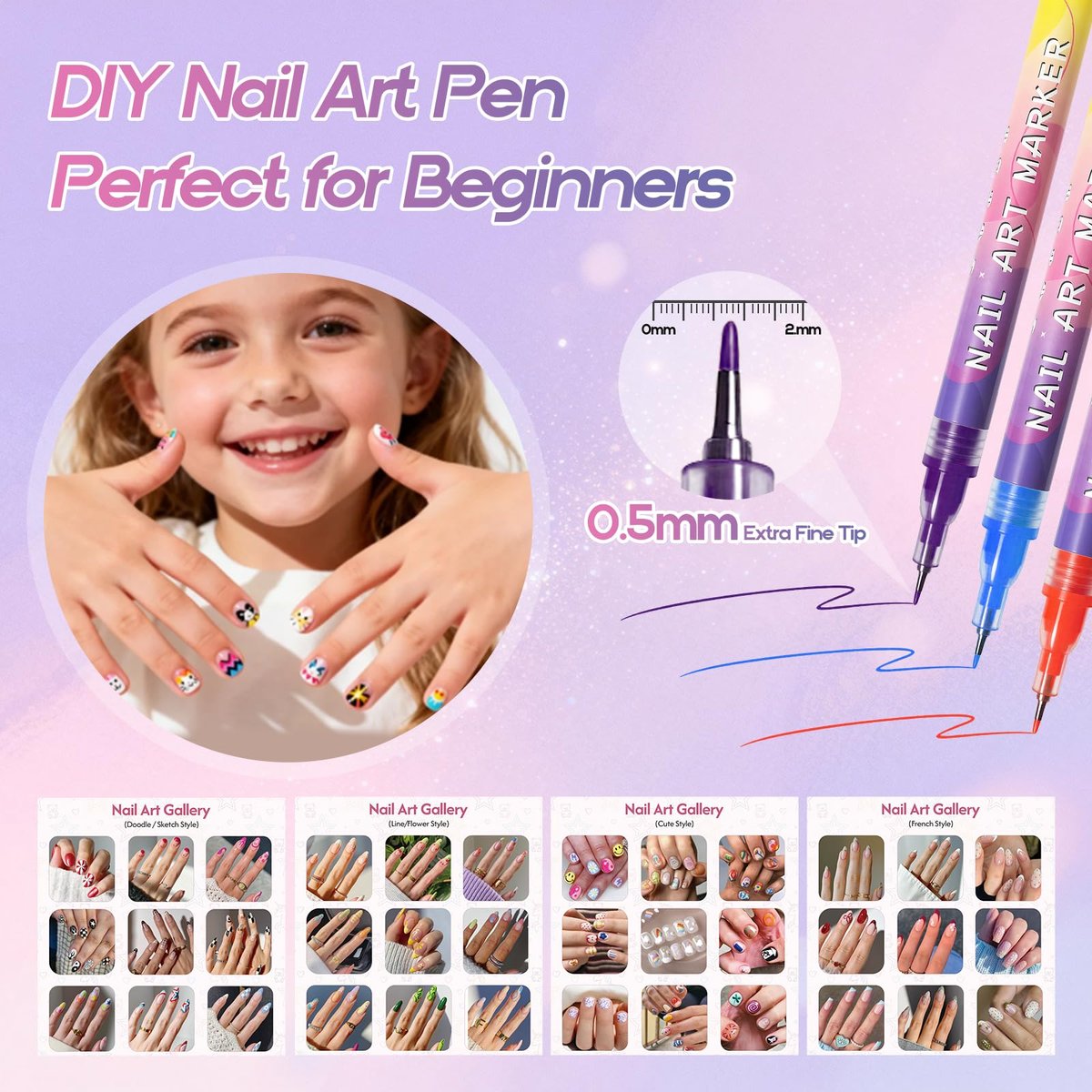 Dabria 12-Color Nail Art Pens Set - Fine Tip 0.5mm Nail Doodle Markers for Nail Painting, Perfect for Girls, Kids, and Women Avelisse