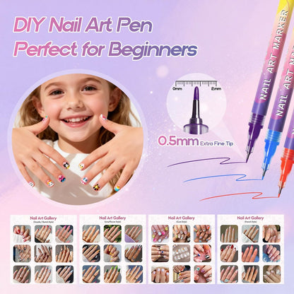 Dabria 12-Color Nail Art Pens Set - Fine Tip 0.5mm Nail Doodle Markers for Nail Painting, Perfect for Girls, Kids, and Women Avelisse