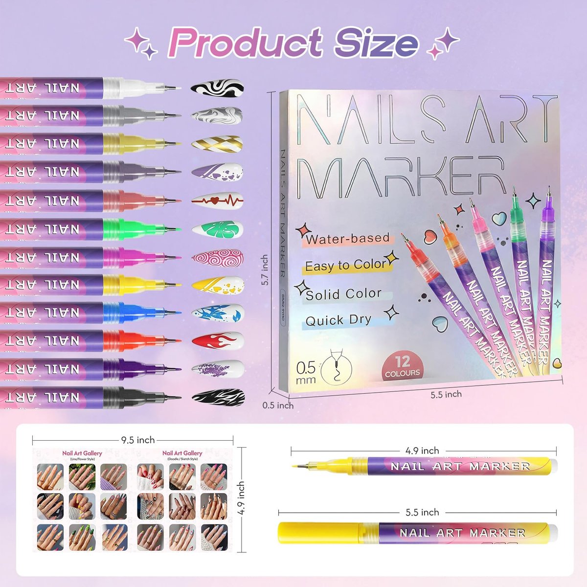 Dabria 12-Color Nail Art Pens Set - Fine Tip 0.5mm Nail Doodle Markers for Nail Painting, Perfect for Girls, Kids, and Women Avelisse