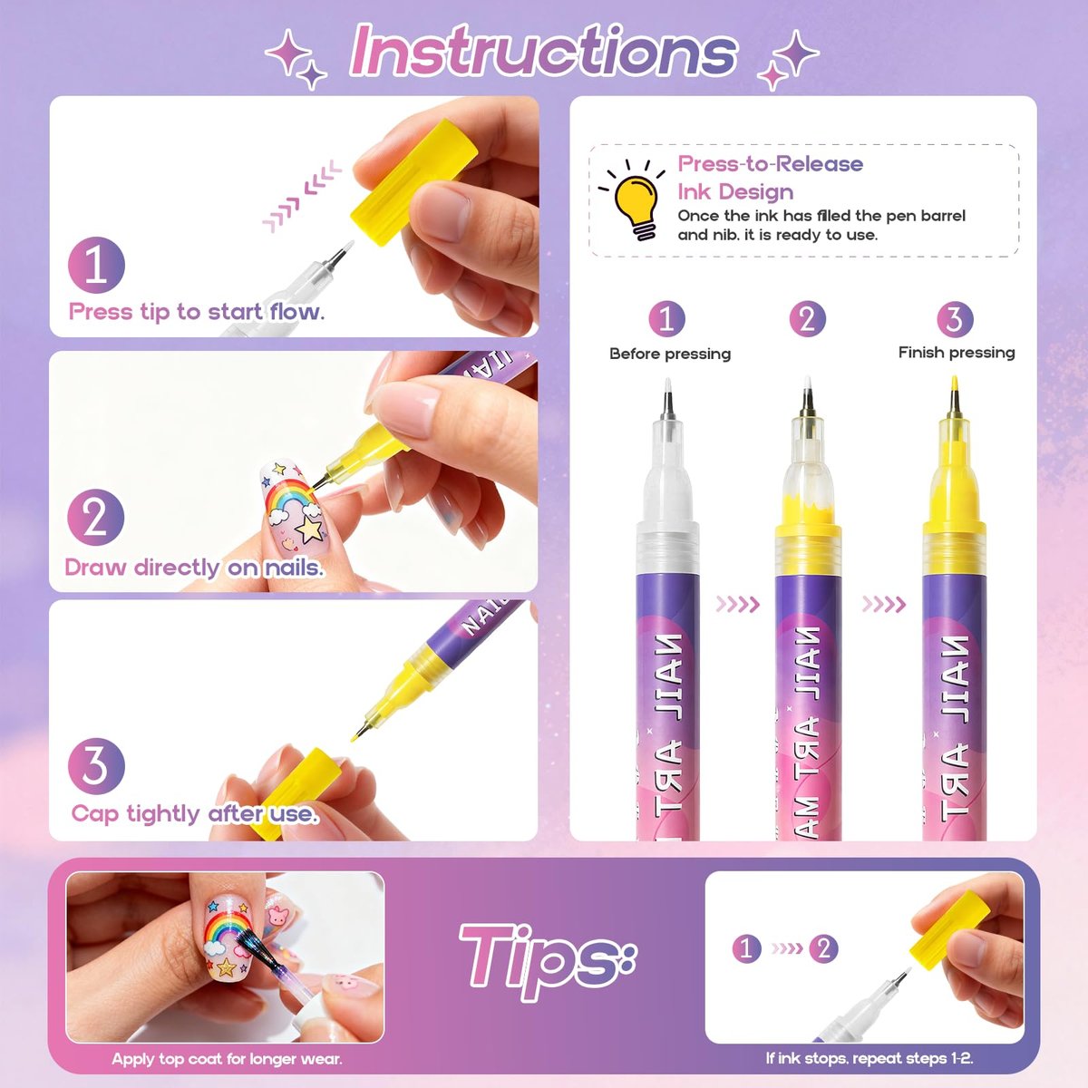Dabria 12-Color Nail Art Pens Set - Fine Tip 0.5mm Nail Doodle Markers for Nail Painting, Perfect for Girls, Kids, and Women Avelisse