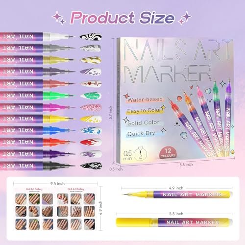 Dabria 12-Color Nail Art Pens Set - Fine Tip 0.5mm Nail Doodle Markers for Nail Painting, Perfect for Girls, Kids, and Women Avelisse