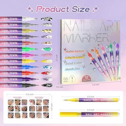 Dabria 12-Color Nail Art Pens Set - Fine Tip 0.5mm Nail Doodle Markers for Nail Painting, Perfect for Girls, Kids, and Women Avelisse