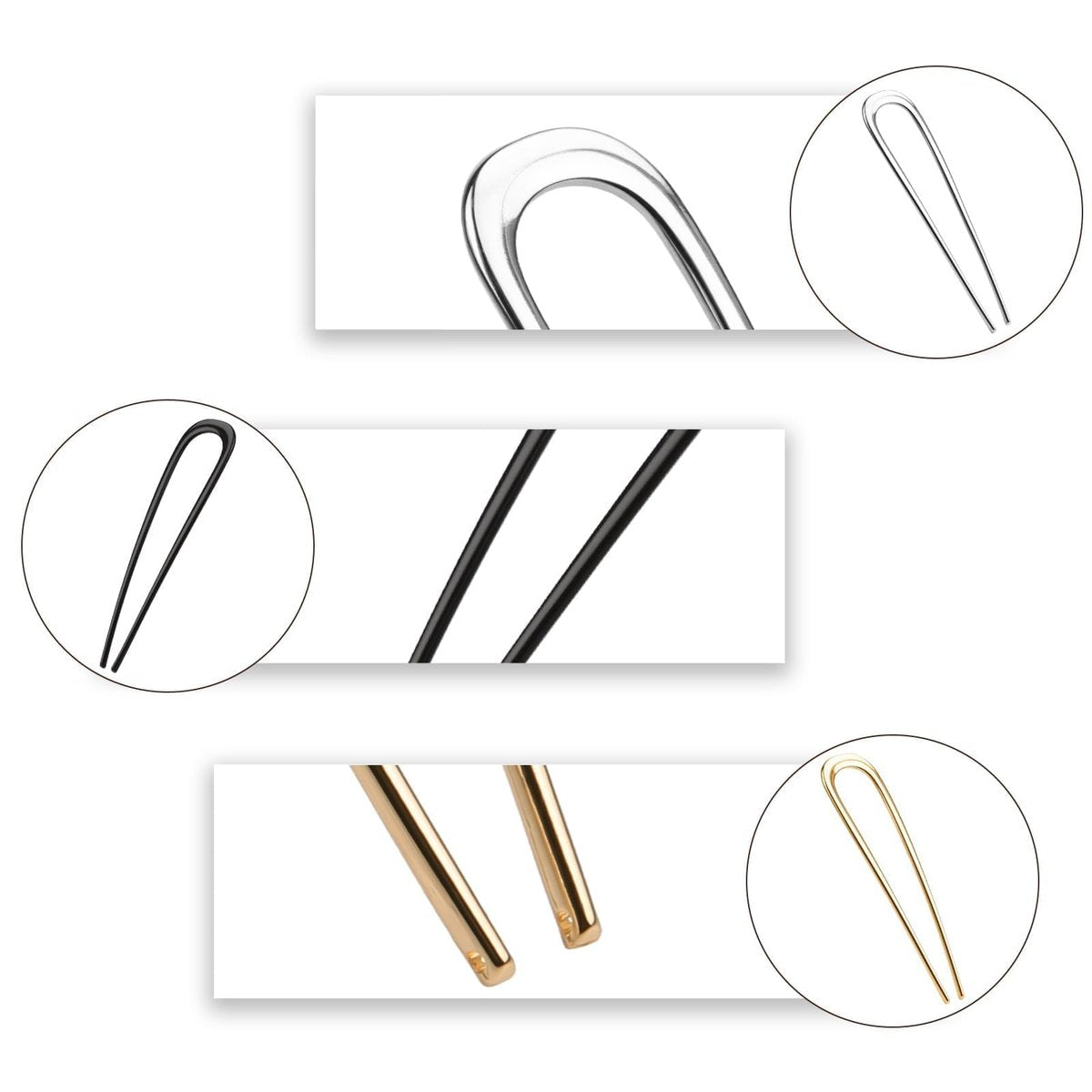 3-Piece French Hair Pins for Thick Hair - Large 5.5 Inch Metal U-Shaped Twist Pins - Bun Pins for Updo Hairstyles (Silver, Gold, Black) - görsel 5
