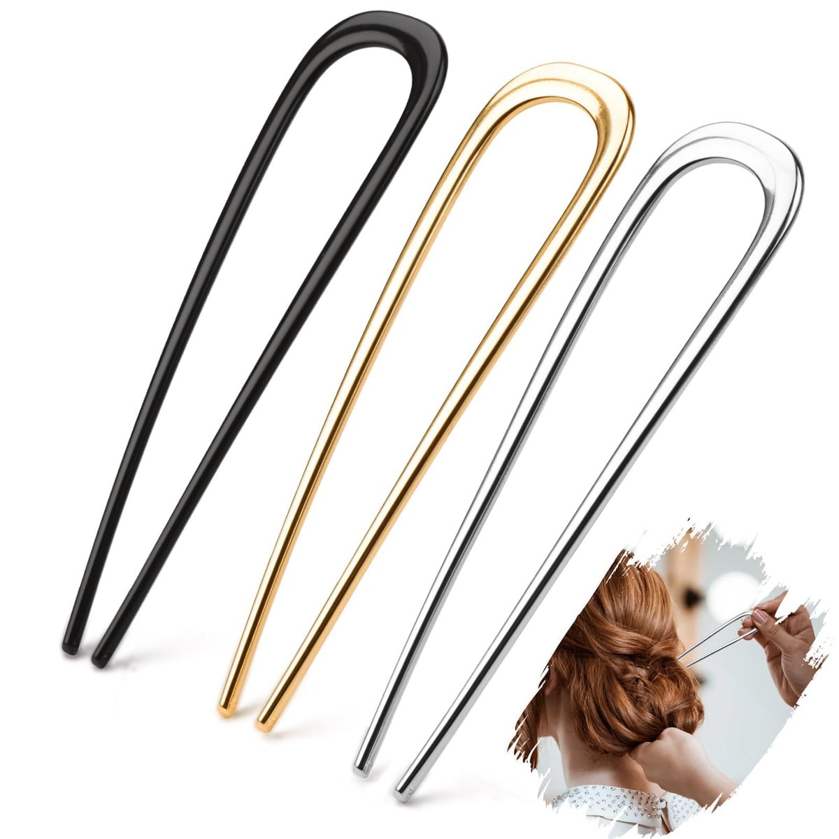 3-Piece French Hair Pins for Thick Hair - Large 5.5 Inch Metal U-Shaped Twist Pins - Bun Pins for Updo Hairstyles (Silver, Gold, Black) - görsel 1