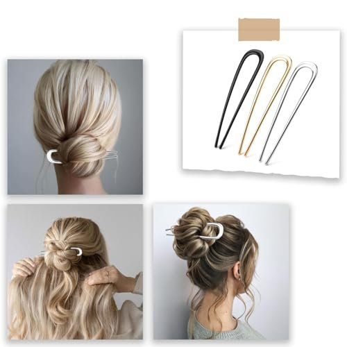 3-Piece French Hair Pins for Thick Hair - Large 5.5 Inch Metal U-Shaped Twist Pins - Bun Pins for Updo Hairstyles (Silver, Gold, Black) - görsel 12