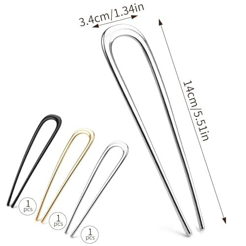 3-Piece French Hair Pins for Thick Hair - Large 5.5 Inch Metal U-Shaped Twist Pins - Bun Pins for Updo Hairstyles (Silver, Gold, Black) - görsel 4