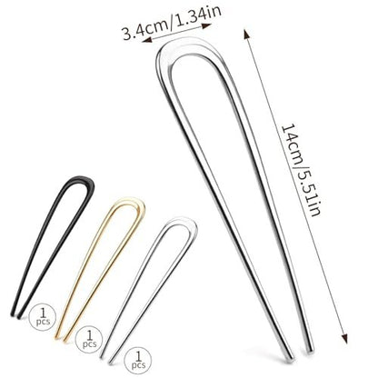 3-Piece French Hair Pins for Thick Hair - Large 5.5 Inch Metal U-Shaped Twist Pins - Bun Pins for Updo Hairstyles (Silver, Gold, Black)