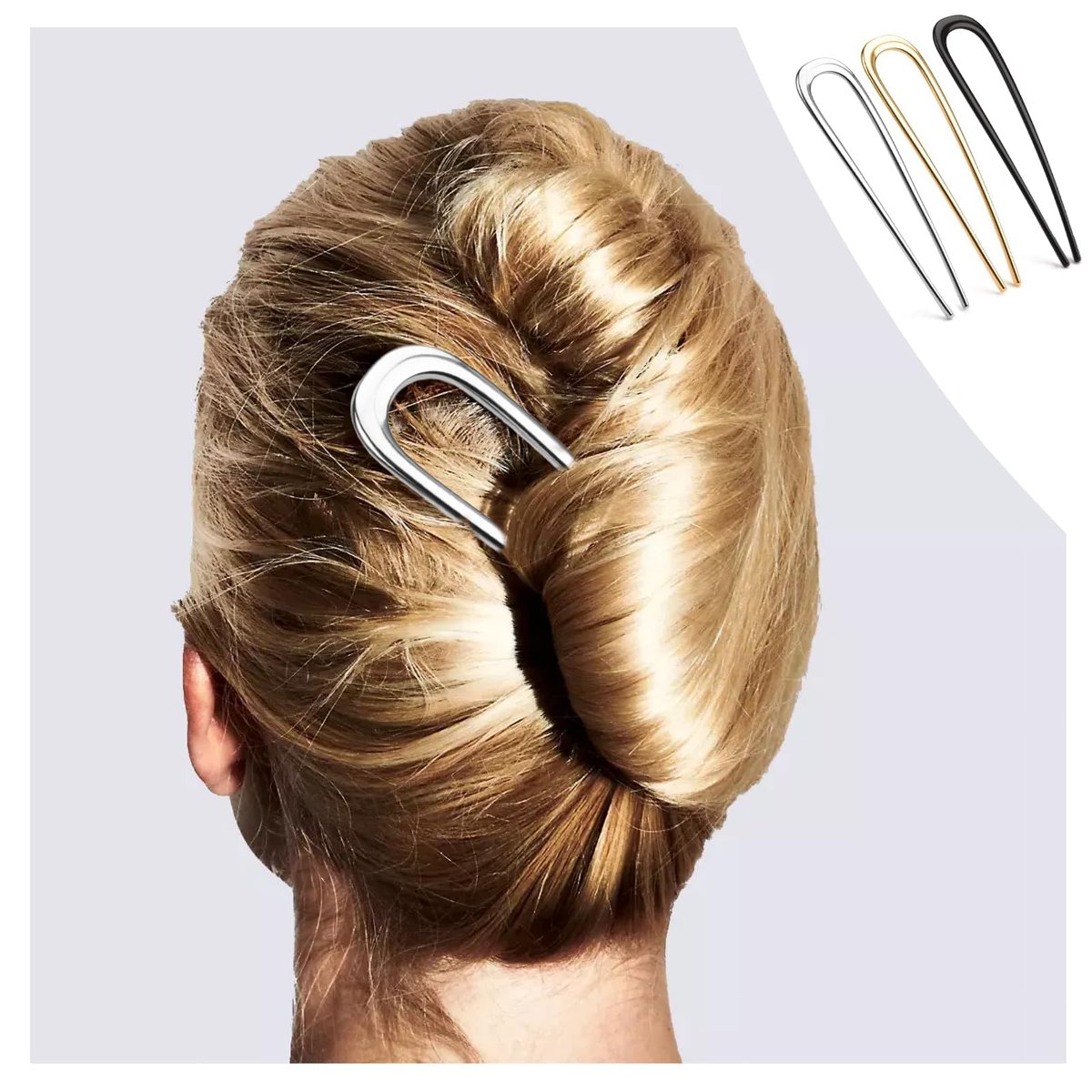 3-Piece French Hair Pins for Thick Hair - Large 5.5 Inch Metal U-Shaped Twist Pins - Bun Pins for Updo Hairstyles (Silver, Gold, Black) - görsel 7