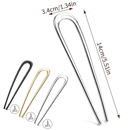 3-Piece French Hair Pins for Thick Hair - Large 5.5 Inch Metal U-Shaped Twist Pins - Bun Pins for Updo Hairstyles (Silver, Gold, Black)