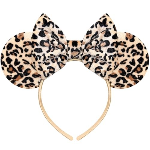 Bmobuo Leopard Print Mouse Ears Headband for Women - Fuzzy Bows Park Ears Cute Hair Band - görsel 2