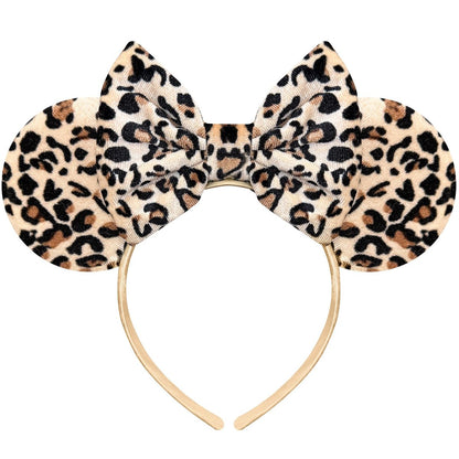 Bmobuo Leopard Print Mouse Ears Headband for Women - Fuzzy Bows Park Ears Cute Hair Band