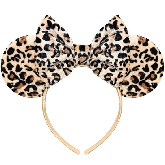 Bmobuo Leopard Print Mouse Ears Headband for Women - Fuzzy Bows Park Ears Cute Hair Band