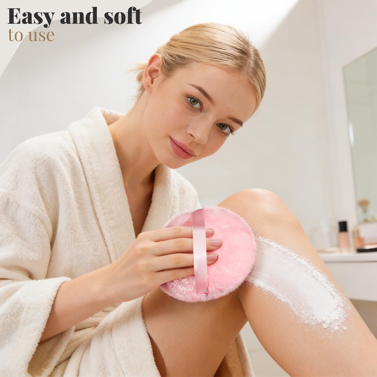 Teenitor 5.5" Extra Large Powder Puff and Glass Crystal Container – Pink Dusting Powder Puff for Body Powder Avelisse