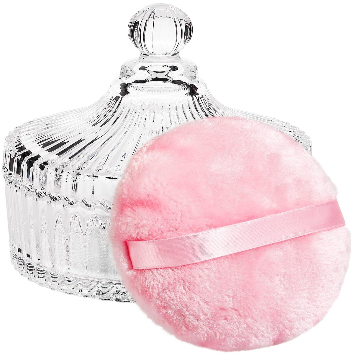 Teenitor 5.5" Extra Large Powder Puff and Glass Crystal Container – Pink Dusting Powder Puff for Body Powder Avelisse