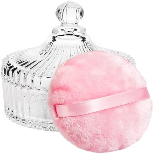 Teenitor 5.5" Extra Large Powder Puff and Glass Crystal Container – Pink Dusting Powder Puff for Body Powder Avelisse
