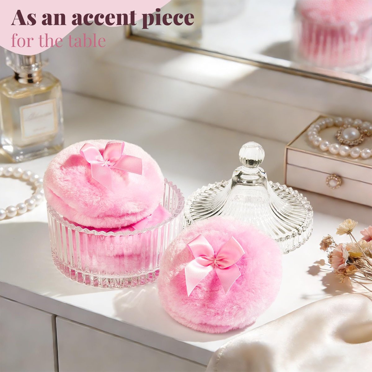 Teenitor 4-Piece Powder Puff Set with Glass Crystal Containers – Soft Velour Body Powder Puffs in Pink - görsel 5