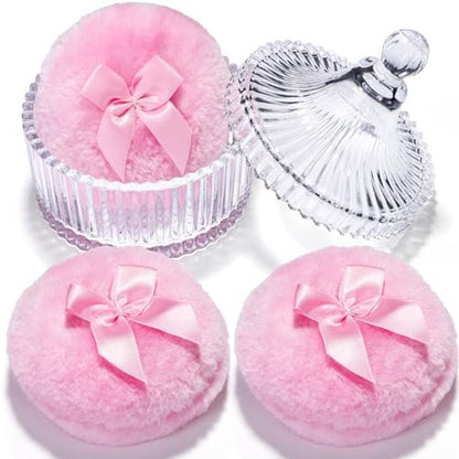 Teenitor 4-Piece Powder Puff Set with Glass Crystal Containers – Soft Velour Body Powder Puffs in Pink