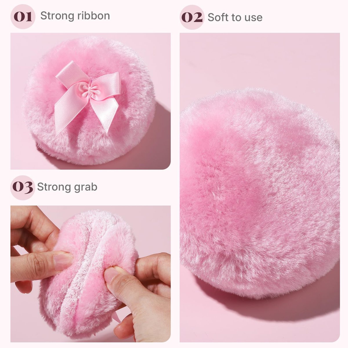 Teenitor 4-Piece Powder Puff Set with Glass Crystal Containers – Soft Velour Body Powder Puffs in Pink - görsel 7