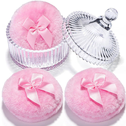 Teenitor 4-Piece Powder Puff Set with Glass Crystal Containers – Soft Velour Body Powder Puffs in Pink