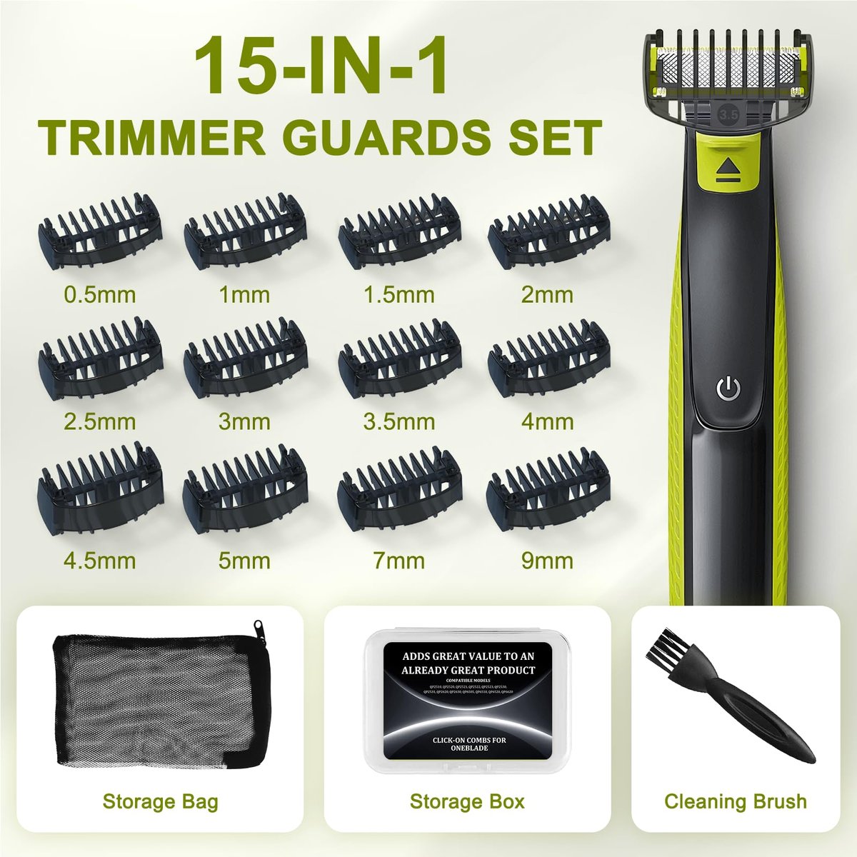 CR8GR8 Guide Comb Set 0.5-9mm for Norelco Trimmers - Compatible with QP2724, QP2834, QP2520, QP2620 - Includes 12 Guards, Cleaning Brush & Storage Bag - görsel 3