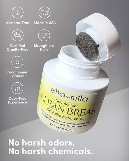 ella+mila Clean Break Non-Acetone Nail Polish Remover Pot - Gentle Acetone-Free Dip Jar for Fingers & Toes, Travel Size, Light Cotton Candy Scent (2 fl oz)