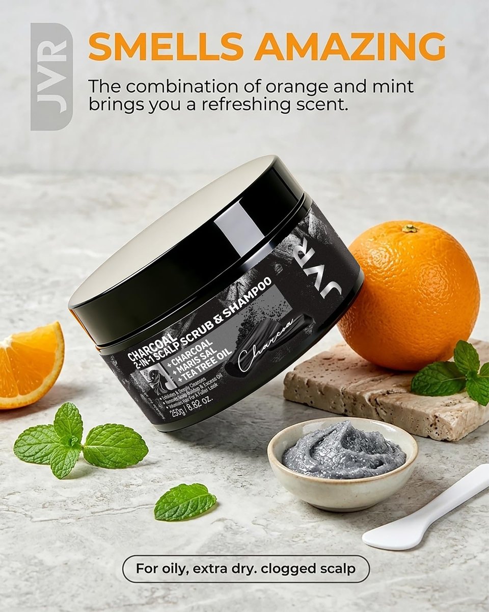 JVR Charcoal Scalp Scrub Shampoo 2-in-1 Exfoliator - Sea Salt & Tea Tree Oil Clarifying Cleanser for Dry or Oily Scalp, Vegan & Cruelty Free, 8.8 oz Avelisse