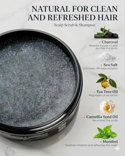 JVR Charcoal Scalp Scrub Shampoo 2-in-1 Exfoliator - Sea Salt & Tea Tree Oil Clarifying Cleanser for Dry or Oily Scalp, Vegan & Cruelty Free, 8.8 oz Avelisse