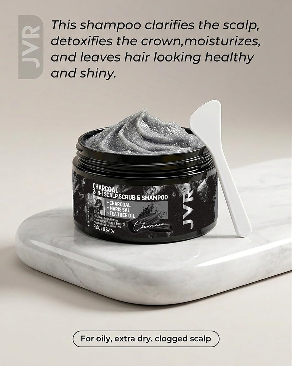 JVR Charcoal Scalp Scrub Shampoo 2-in-1 Exfoliator - Sea Salt & Tea Tree Oil Clarifying Cleanser for Dry or Oily Scalp, Vegan & Cruelty Free, 8.8 oz Avelisse