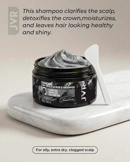 JVR Charcoal Scalp Scrub Shampoo 2-in-1 Exfoliator - Sea Salt & Tea Tree Oil Clarifying Cleanser for Dry or Oily Scalp, Vegan & Cruelty Free, 8.8 oz Avelisse