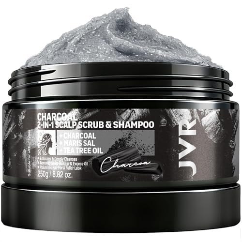JVR Charcoal Scalp Scrub Shampoo 2-in-1 Exfoliator - Sea Salt & Tea Tree Oil Clarifying Cleanser for Dry or Oily Scalp, Vegan & Cruelty Free, 8.8 oz Avelisse