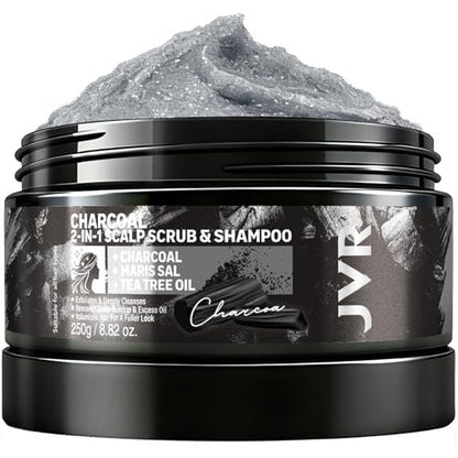 JVR Charcoal Scalp Scrub Shampoo 2-in-1 Exfoliator - Sea Salt & Tea Tree Oil Clarifying Cleanser for Dry or Oily Scalp, Vegan & Cruelty Free, 8.8 oz Avelisse
