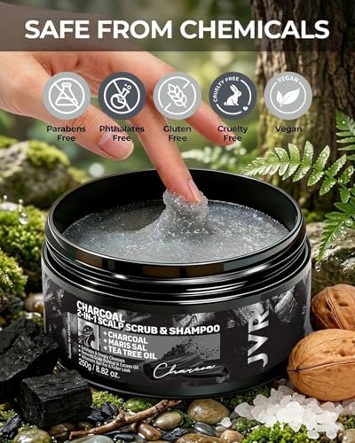 JVR Charcoal Scalp Scrub Shampoo 2-in-1 Exfoliator - Sea Salt & Tea Tree Oil Clarifying Cleanser for Dry or Oily Scalp, Vegan & Cruelty Free, 8.8 oz Avelisse