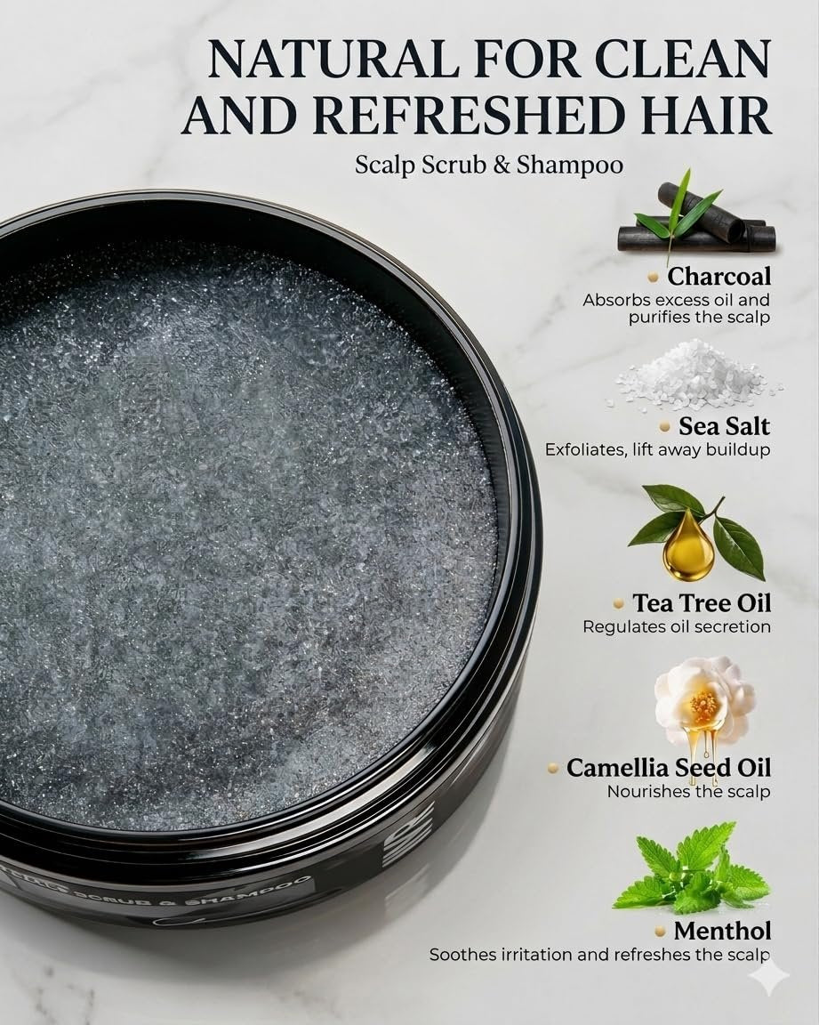 JVR Charcoal Scalp Scrub Shampoo 2-in-1 Exfoliator - Sea Salt & Tea Tree Oil Clarifying Cleanser for Dry or Oily Scalp, Vegan & Cruelty Free, 8.8 oz Avelisse
