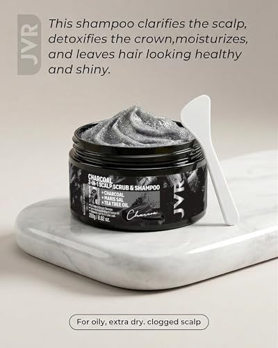 JVR Charcoal Scalp Scrub Shampoo 2-in-1 Exfoliator - Sea Salt & Tea Tree Oil Clarifying Cleanser for Dry or Oily Scalp, Vegan & Cruelty Free, 8.8 oz Avelisse