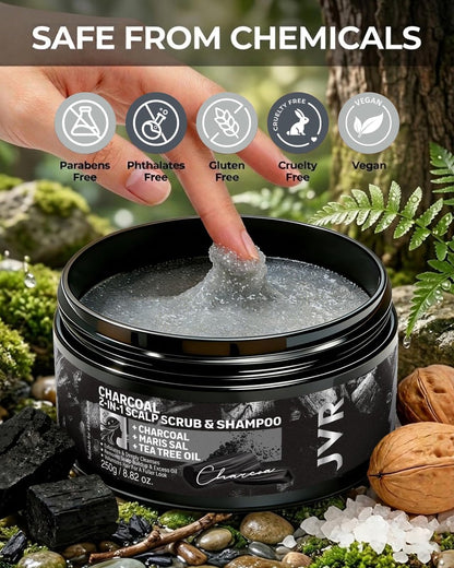 JVR Charcoal Scalp Scrub Shampoo 2-in-1 Exfoliator - Sea Salt & Tea Tree Oil Clarifying Cleanser for Dry or Oily Scalp, Vegan & Cruelty Free, 8.8 oz Avelisse