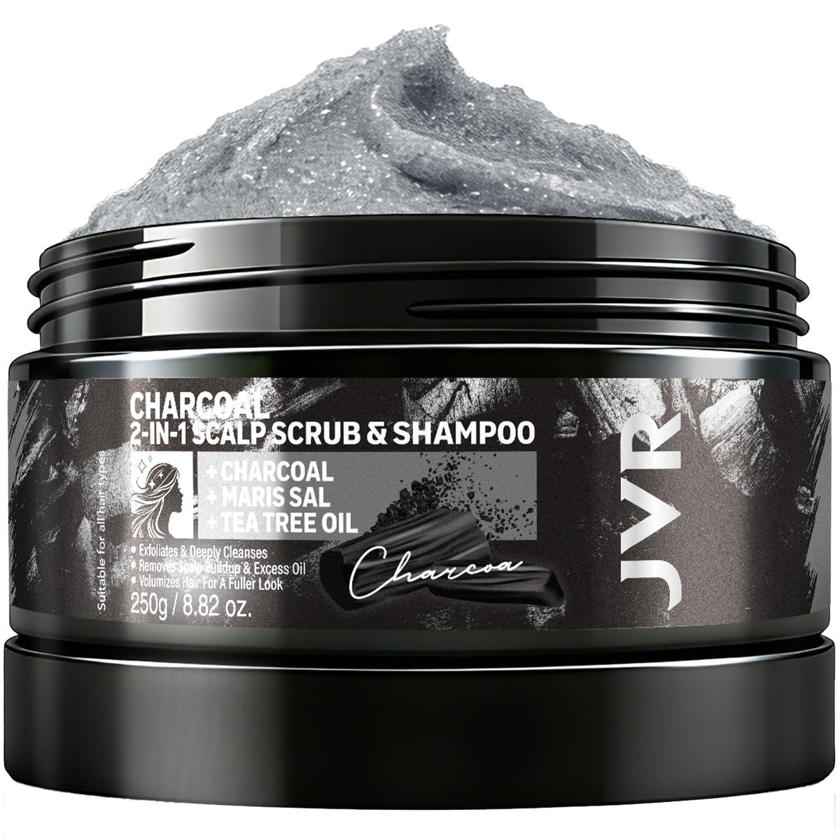 JVR Charcoal Scalp Scrub Shampoo 2-in-1 Exfoliator - Sea Salt & Tea Tree Oil Clarifying Cleanser for Dry or Oily Scalp, Vegan & Cruelty Free, 8.8 oz Avelisse