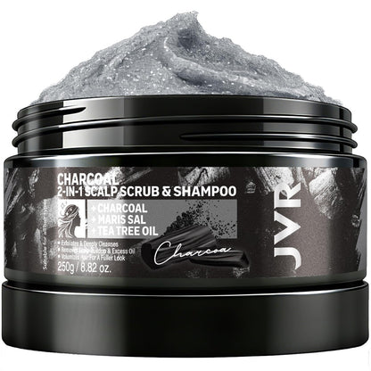 JVR Charcoal Scalp Scrub Shampoo 2-in-1 Exfoliator - Sea Salt & Tea Tree Oil Clarifying Cleanser for Dry or Oily Scalp, Vegan & Cruelty Free, 8.8 oz Avelisse