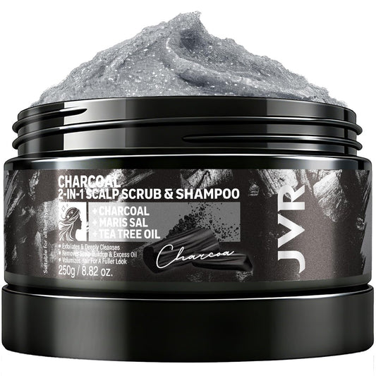 JVR Charcoal Scalp Scrub Shampoo 2-in-1 Exfoliator - Sea Salt & Tea Tree Oil Clarifying Cleanser for Dry or Oily Scalp, Vegan & Cruelty Free, 8.8 oz Avelisse