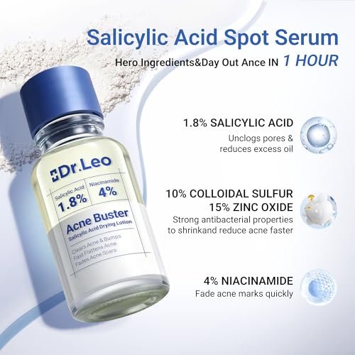 Dr.Leo 1.8% Salicylic Acid Spot Serum - Acne Drying Lotion for Sensitive Skin with Niacinamide, Fast Pimple Relief & Fades Marks, 0.34 fl oz Avelisse