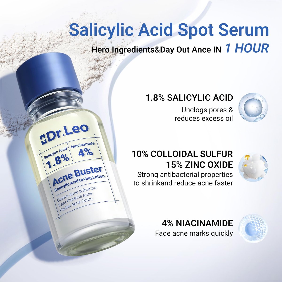 Dr.Leo 1.8% Salicylic Acid Spot Serum - Acne Drying Lotion for Sensitive Skin with Niacinamide, Fast Pimple Relief & Fades Marks, 0.34 fl oz Avelisse
