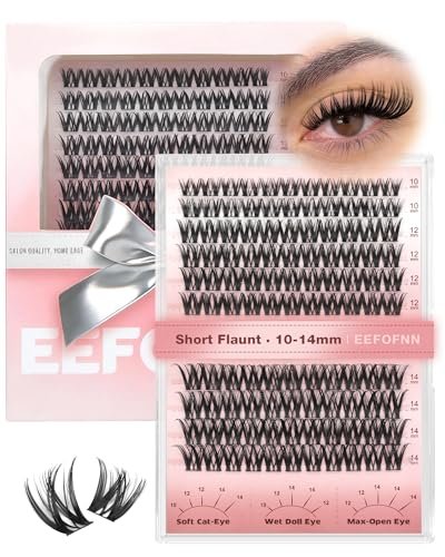 Wispy Lash Clusters 10-14mm Individual Lashes Natural Wet Look C Curl DIY Eyelash Extensions Wide Band Beginner-Friendly by EEFOFNN (Short Flaunt)