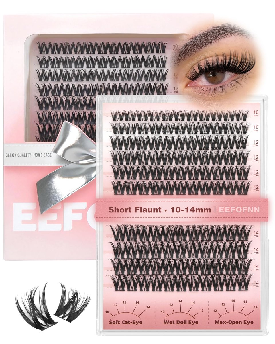 Wispy Lash Clusters 10-14mm Individual Lashes Natural Wet Look C Curl DIY Eyelash Extensions Wide Band Beginner-Friendly by EEFOFNN (Short Flaunt) - görsel 1