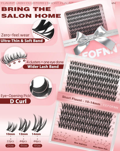 Wispy Lash Clusters 10-14mm Individual Lashes Natural Wet Look C Curl DIY Eyelash Extensions Wide Band Beginner-Friendly by EEFOFNN (Short Flaunt)