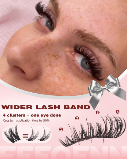 Wispy Lash Clusters 10-14mm Individual Lashes Natural Wet Look C Curl DIY Eyelash Extensions Wide Band Beginner-Friendly by EEFOFNN (Short Flaunt)