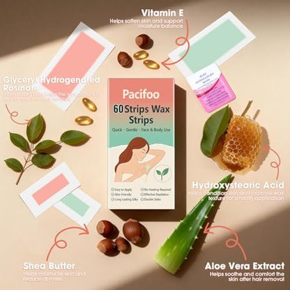 Pacifoo Wax Strips for Hair Removal – 60 Count (40 Large Body & 20 Face) Ready to Use Cold Waxing Kit for Women & Men – Bikini, Underarm, Legs, Arms, Upper Lip, Chin, Sensitive Skin Avelisse